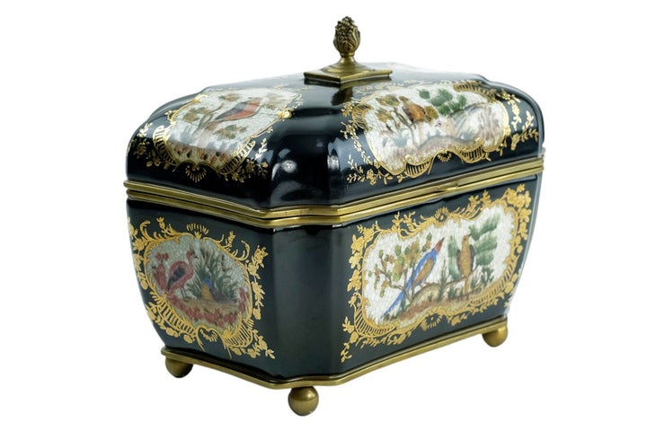 Bronze mounted porcelain tea caddy with bird decoration