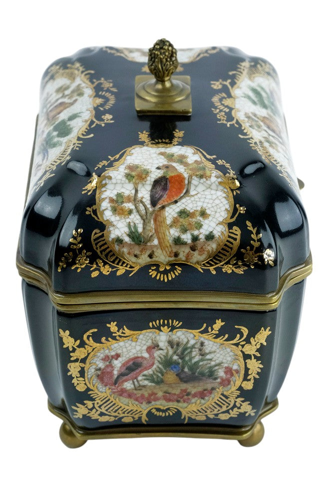 Bronze mounted porcelain tea caddy with bird decoration