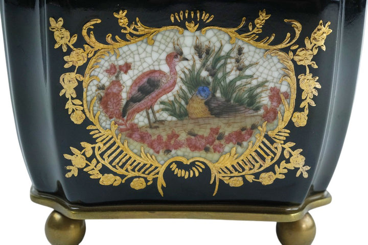 Bronze mounted porcelain tea caddy with bird decoration