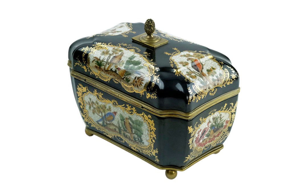 Bronze mounted porcelain tea caddy with bird decoration