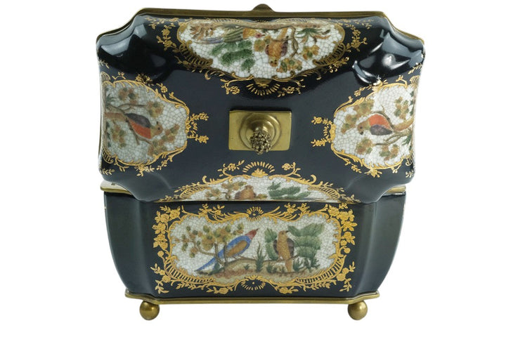 Bronze mounted porcelain tea caddy with bird decoration