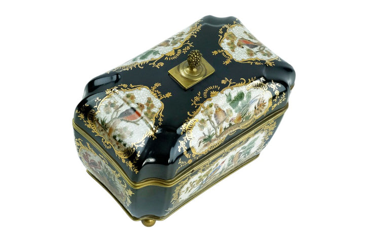 Bronze mounted porcelain tea caddy with bird decoration