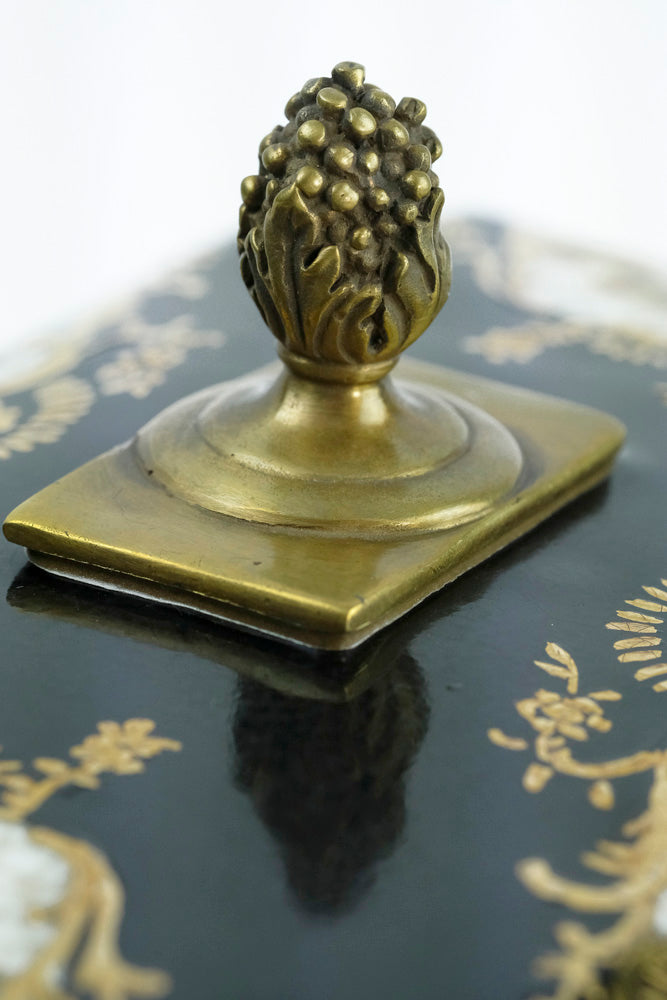 Bronze mounted porcelain tea caddy with bird decoration