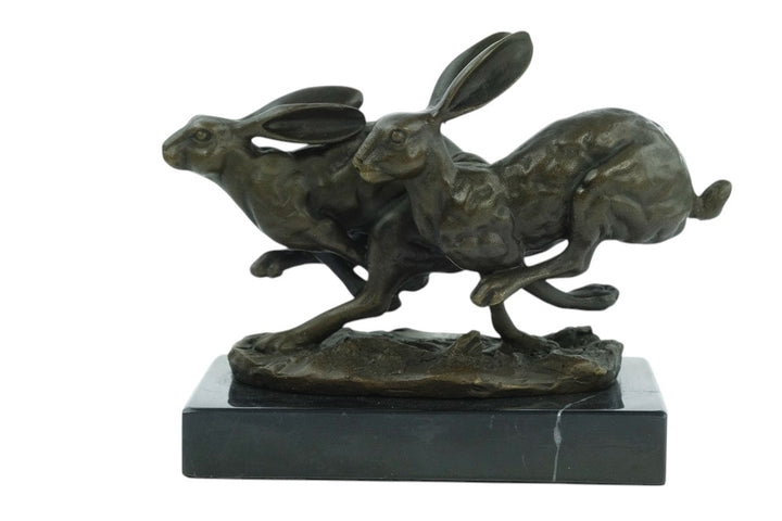 Bronze running hares sculpture