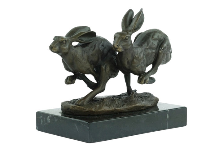 Bronze running hares sculpture