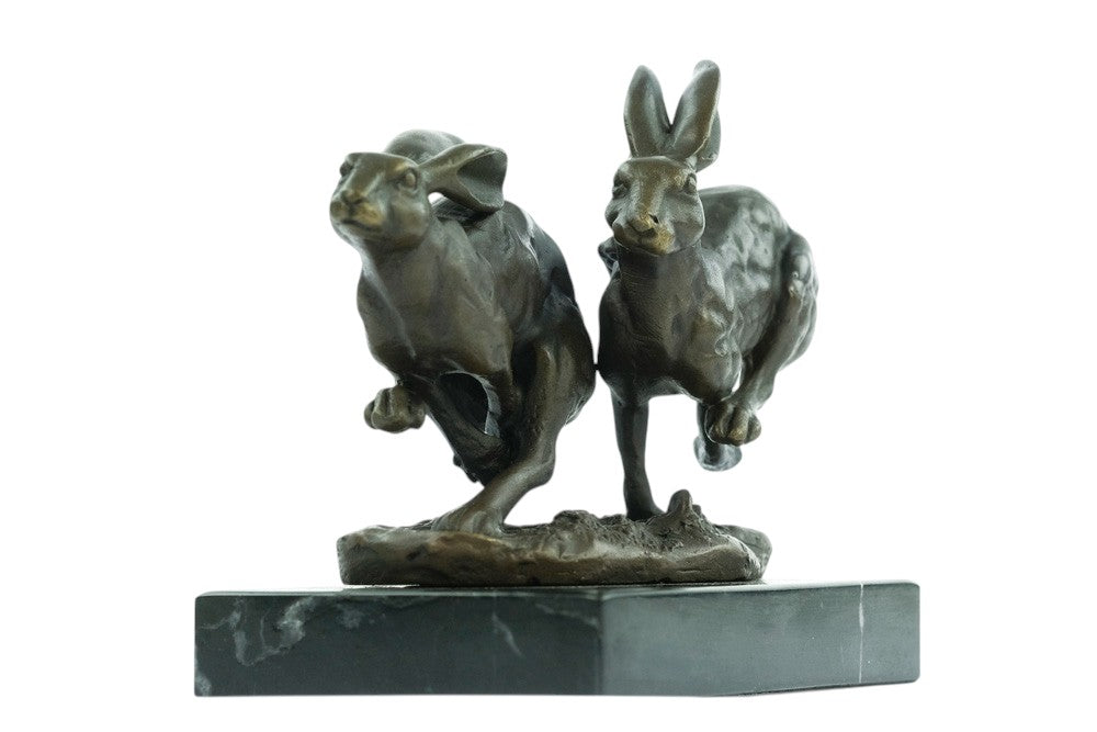 Bronze running hares sculpture