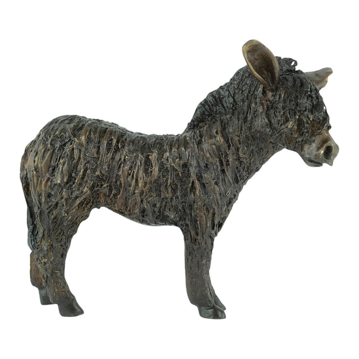 Bronze sculpture of a standing donkey blinded by it's coat hair
