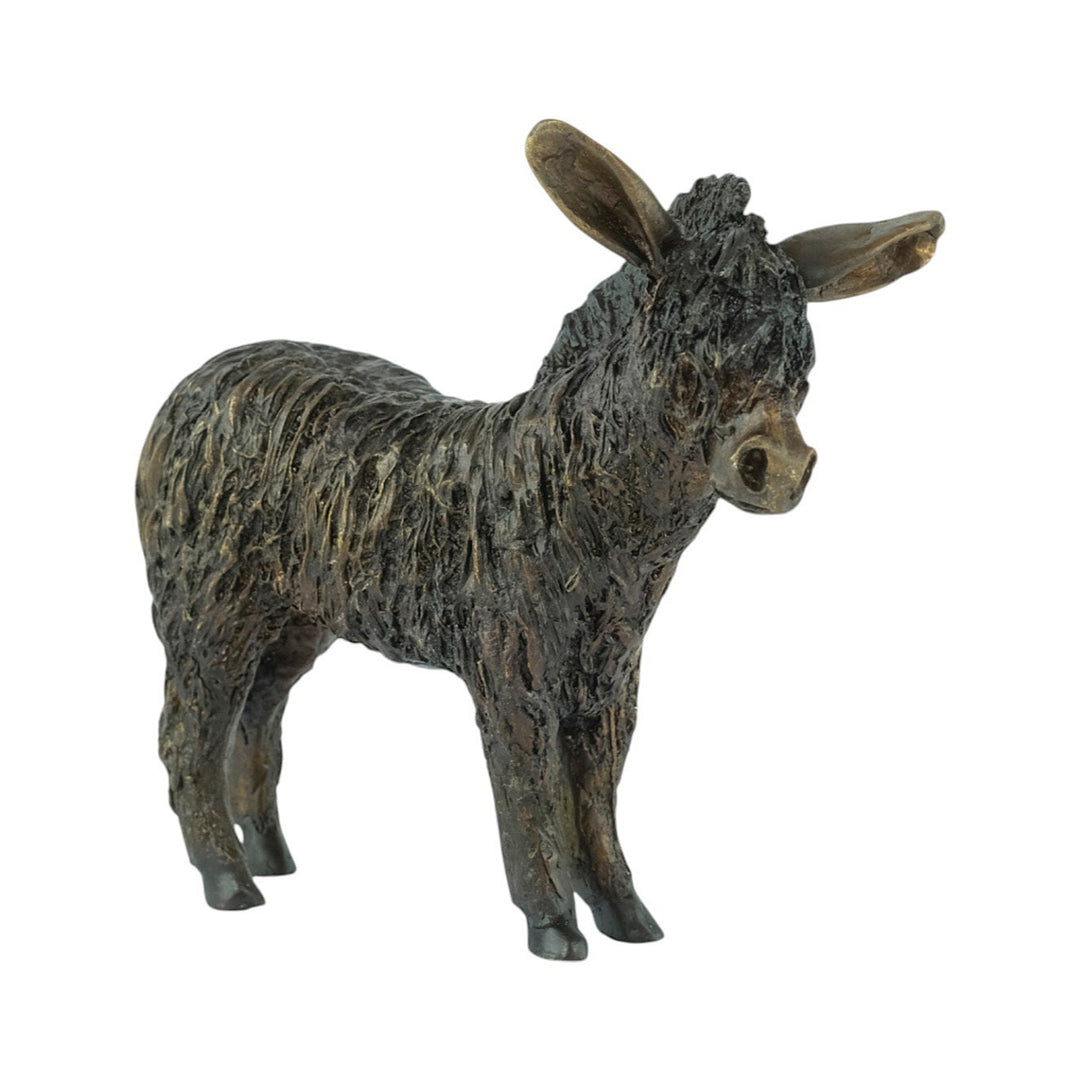 Bronze sculpture of a standing donkey blinded by it's coat hair