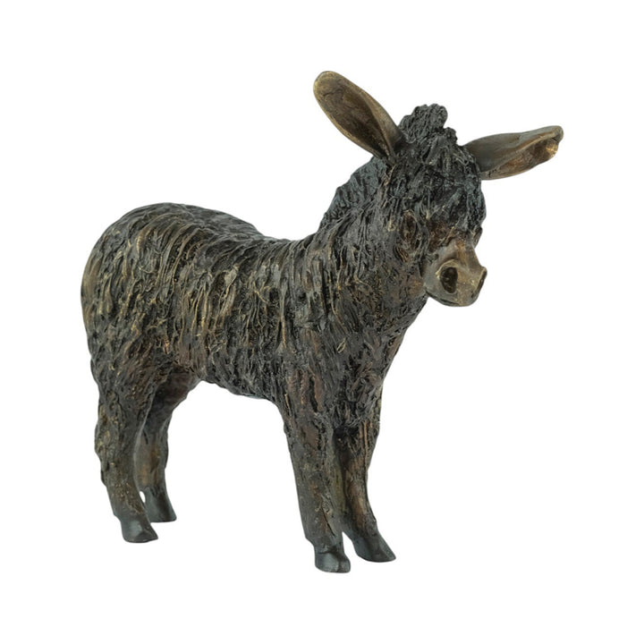 Bronze sculpture of a standing donkey blinded by it's coat hair