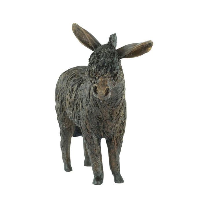 Bronze sculpture of a standing donkey blinded by it's coat hair