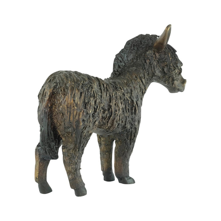 Bronze sculpture of a standing donkey blinded by it's coat hair