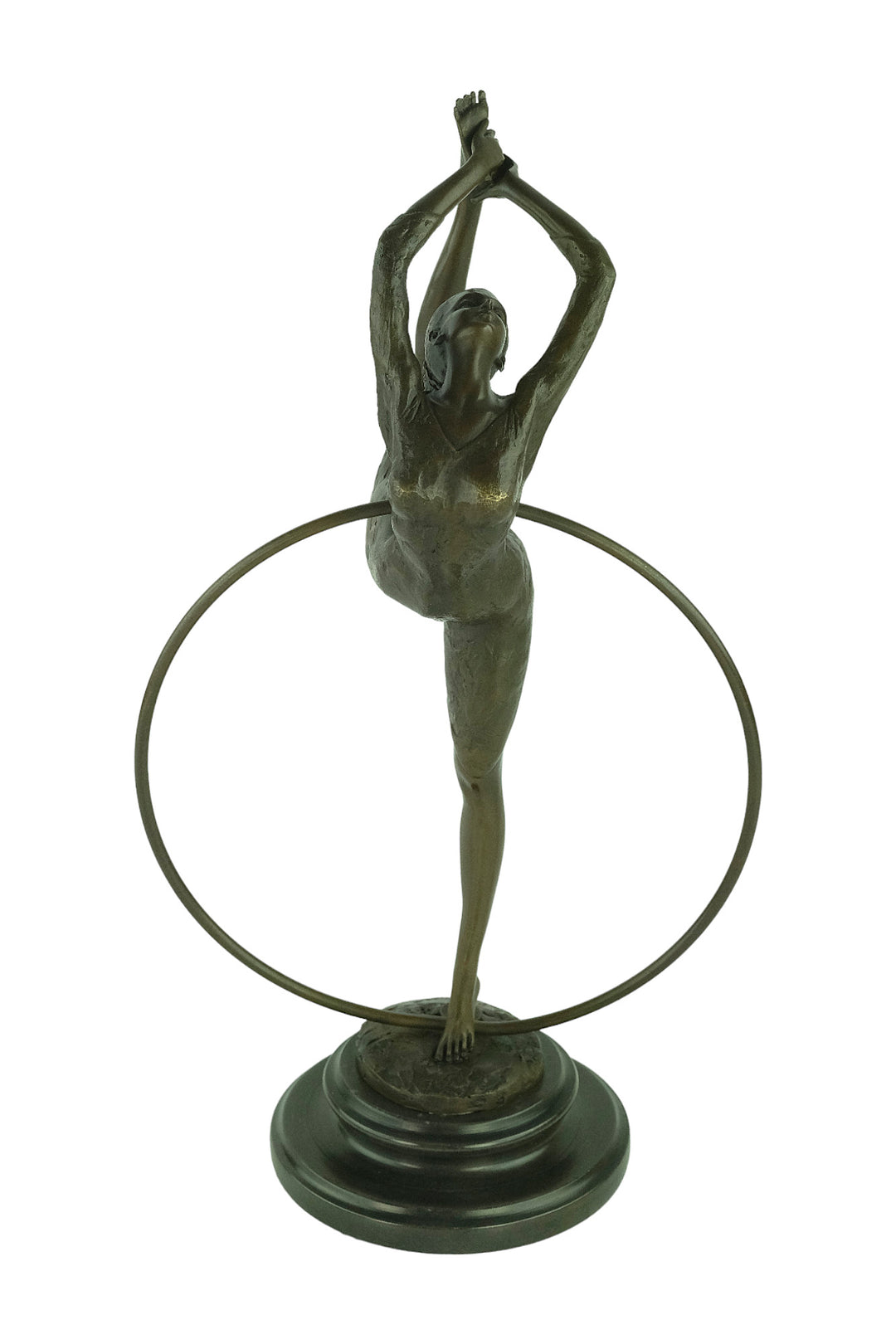 Bronze sculpture of a flexible hoop dancer