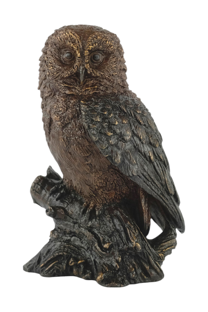 Bronze sculpture of a small own on a tree trunk
