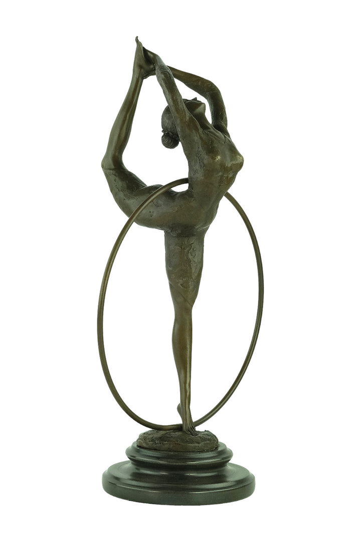 Bronze sculpture of a flexible hoop dancer