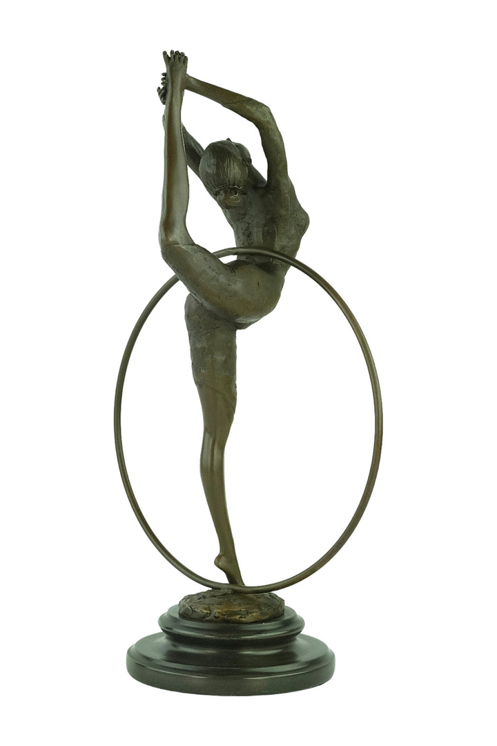 Bronze sculpture of a flexible hoop dancer