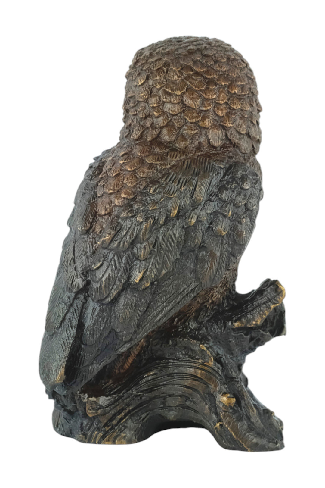 Bronze sculpture of a small own on a tree trunk