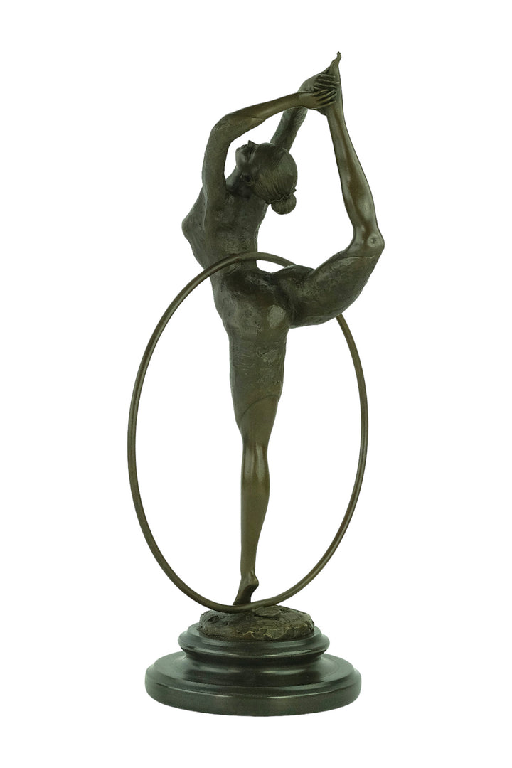 Bronze sculpture of a flexible hoop dancer