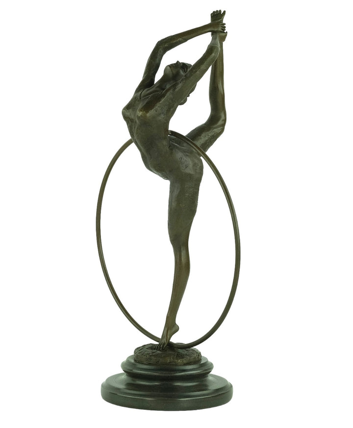 Bronze sculpture of a flexible hoop dancer