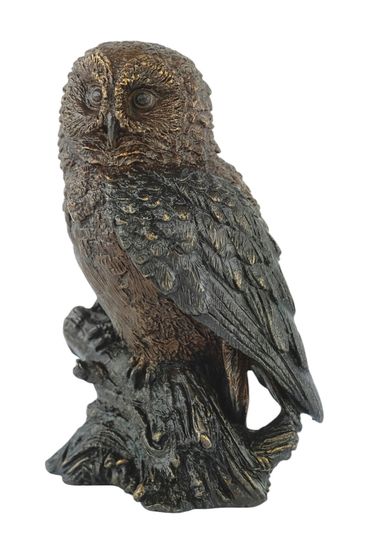 Bronze sculpture of a small own on a tree trunk