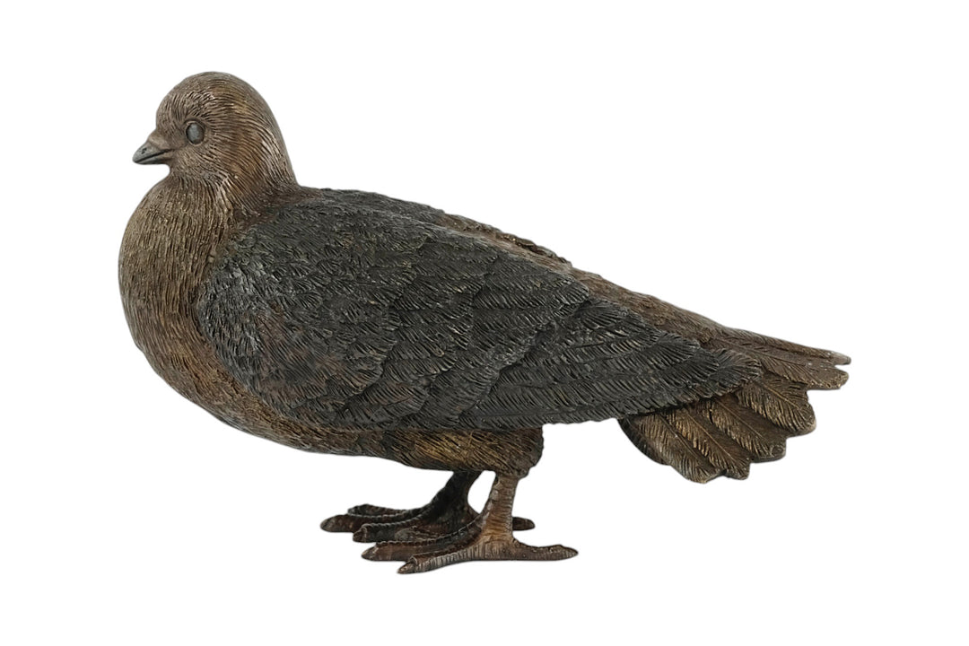 Bronze sculpture of a standing pigeon