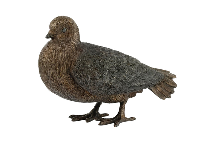 Bronze sculpture of a standing pigeon