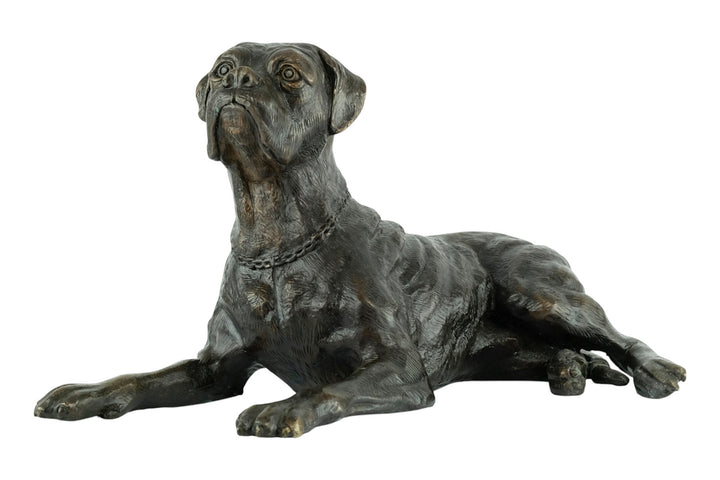 Bronze sculpture of a reclining boxer dog
