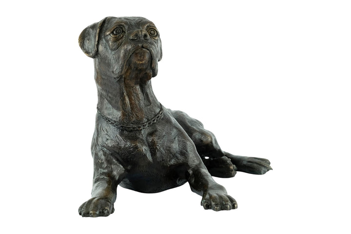 Bronze sculpture of a reclining boxer dog
