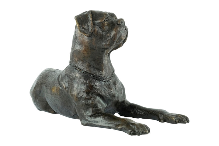 Bronze sculpture of a reclining boxer dog
