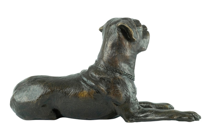 Bronze sculpture of a reclining boxer dog