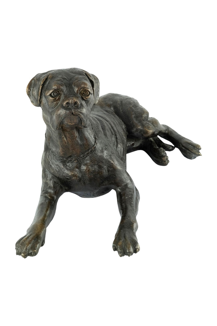 Bronze sculpture of a reclining boxer dog