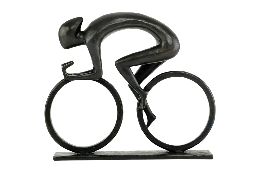 Modern bronze sculpture of a cyclist at full speed