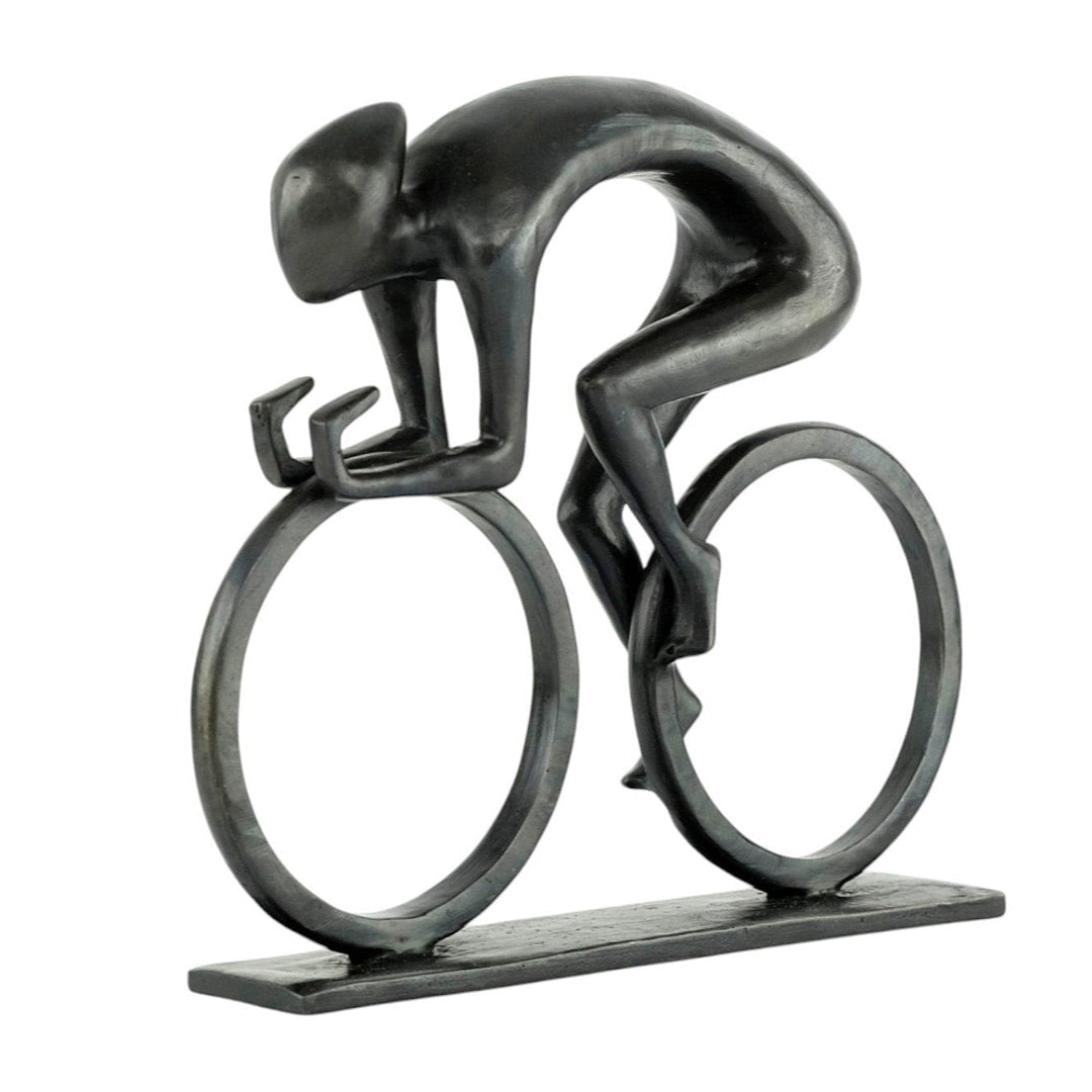Modern bronze sculpture of a cyclist at full speed