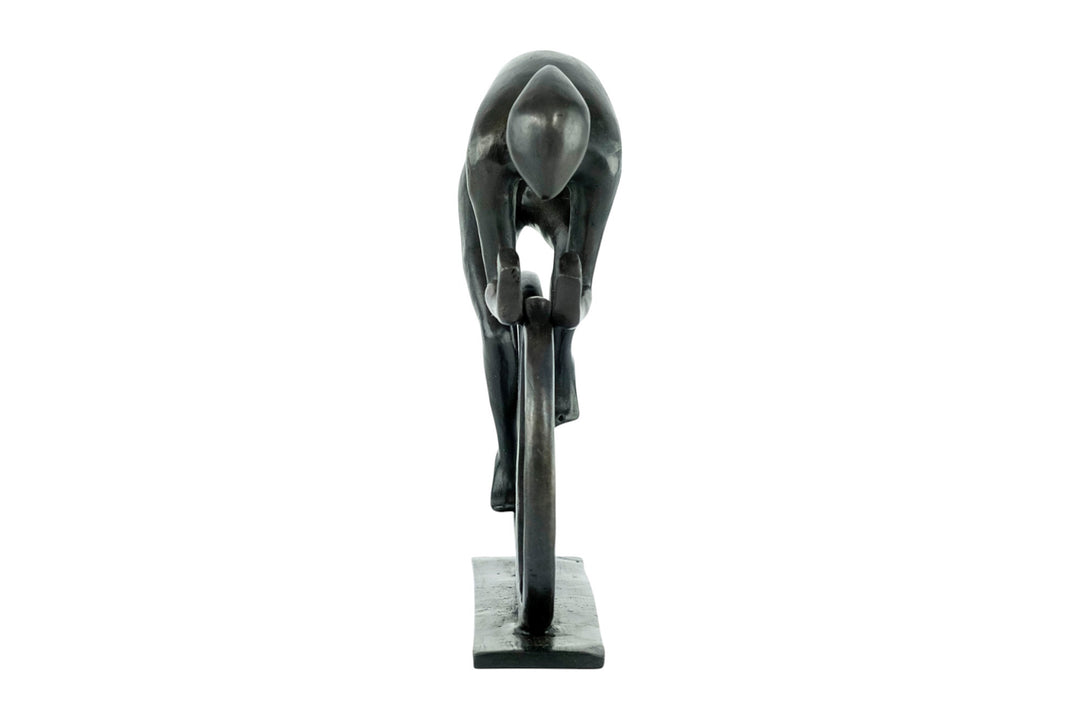 Modern bronze sculpture of a cyclist at full speed