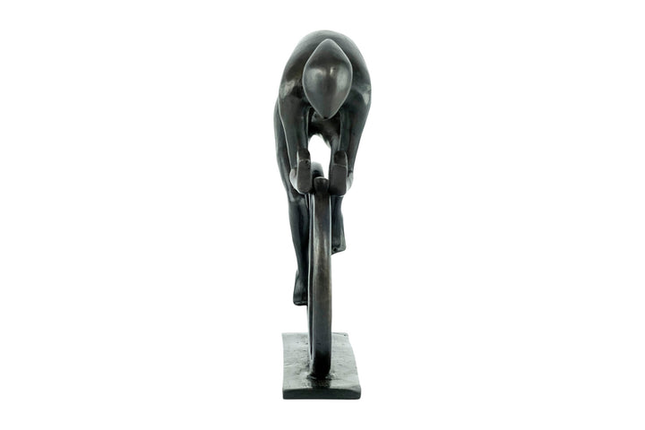 Modern bronze sculpture of a cyclist at full speed