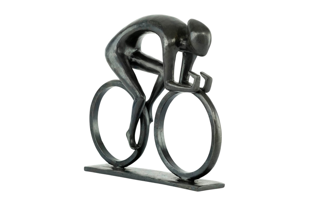 Modern bronze sculpture of a cyclist at full speed