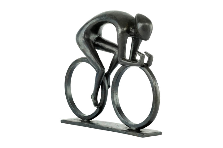 Modern bronze sculpture of a cyclist at full speed