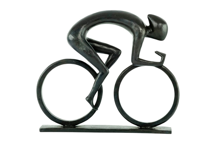 Modern bronze sculpture of a cyclist at full speed
