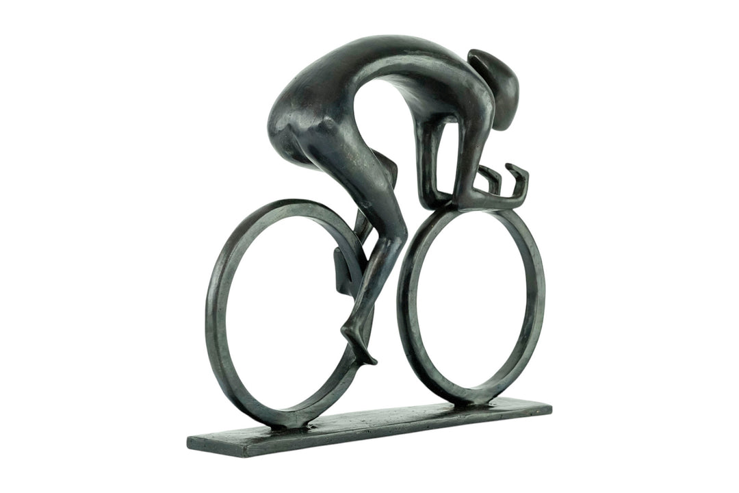 Modern bronze sculpture of a cyclist at full speed