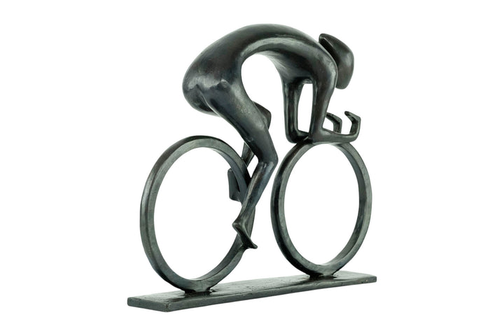 Modern bronze sculpture of a cyclist at full speed