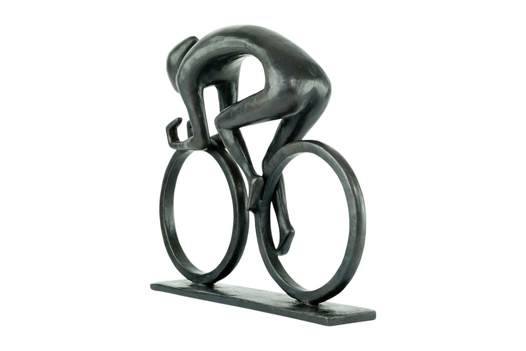 Modern bronze sculpture of a cyclist at full speed