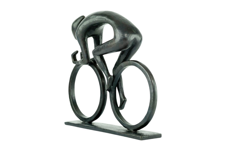Modern bronze sculpture of a cyclist at full speed