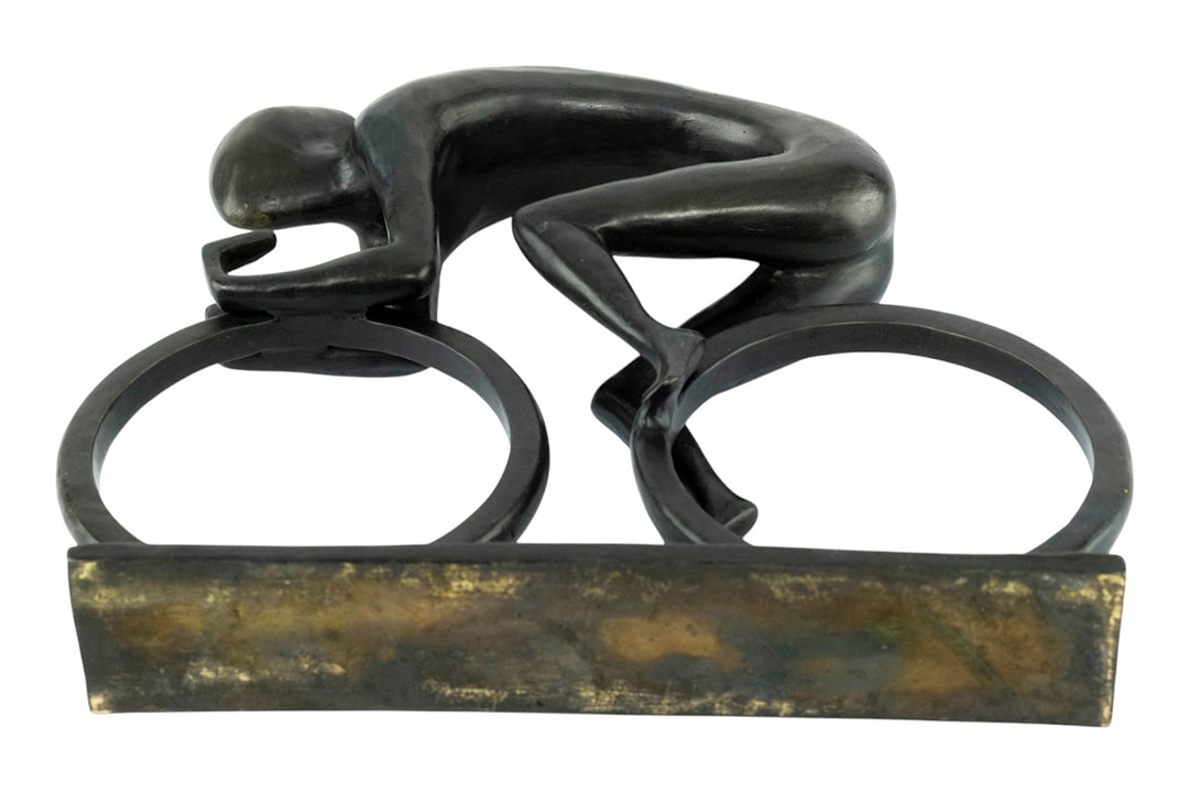 Modern bronze sculpture of a cyclist at full speed