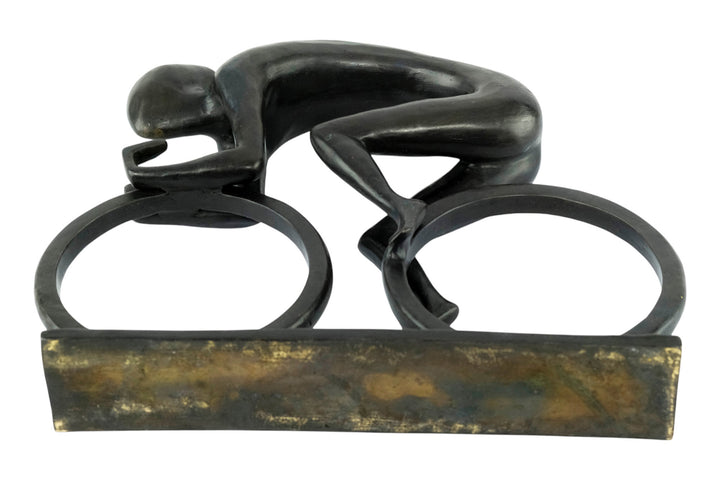 Modern bronze sculpture of a cyclist at full speed