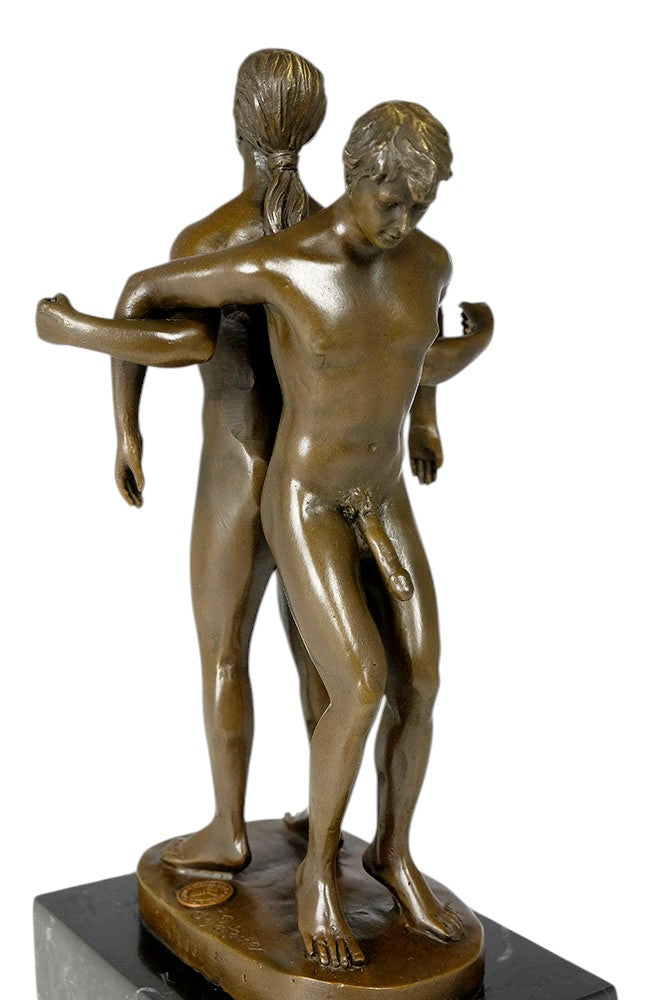 Bronze sculpture of a male couple standing back to back