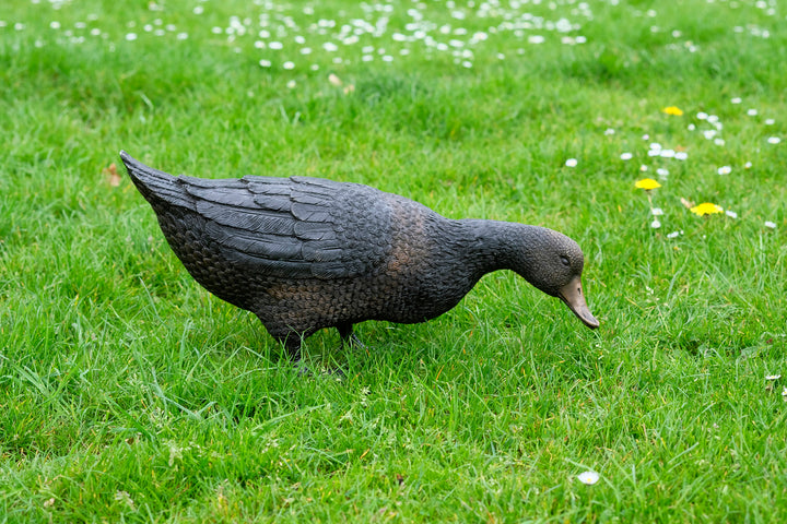 Large bronze sculpture of a foraging duck