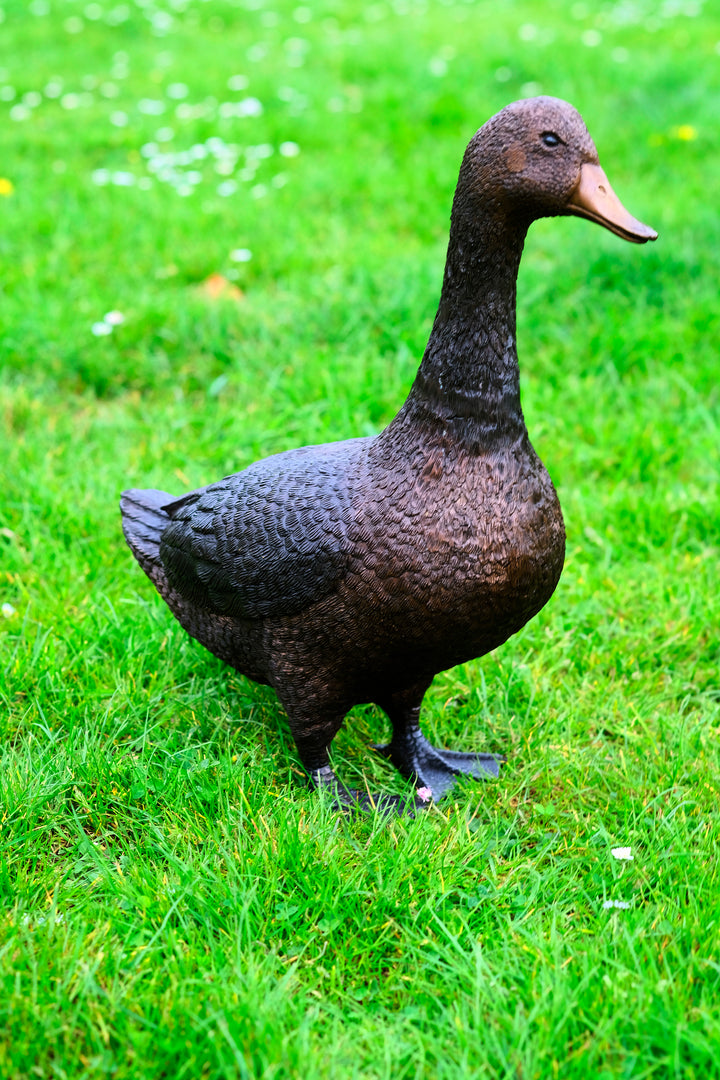 Large bronze sculpture of a standing duck