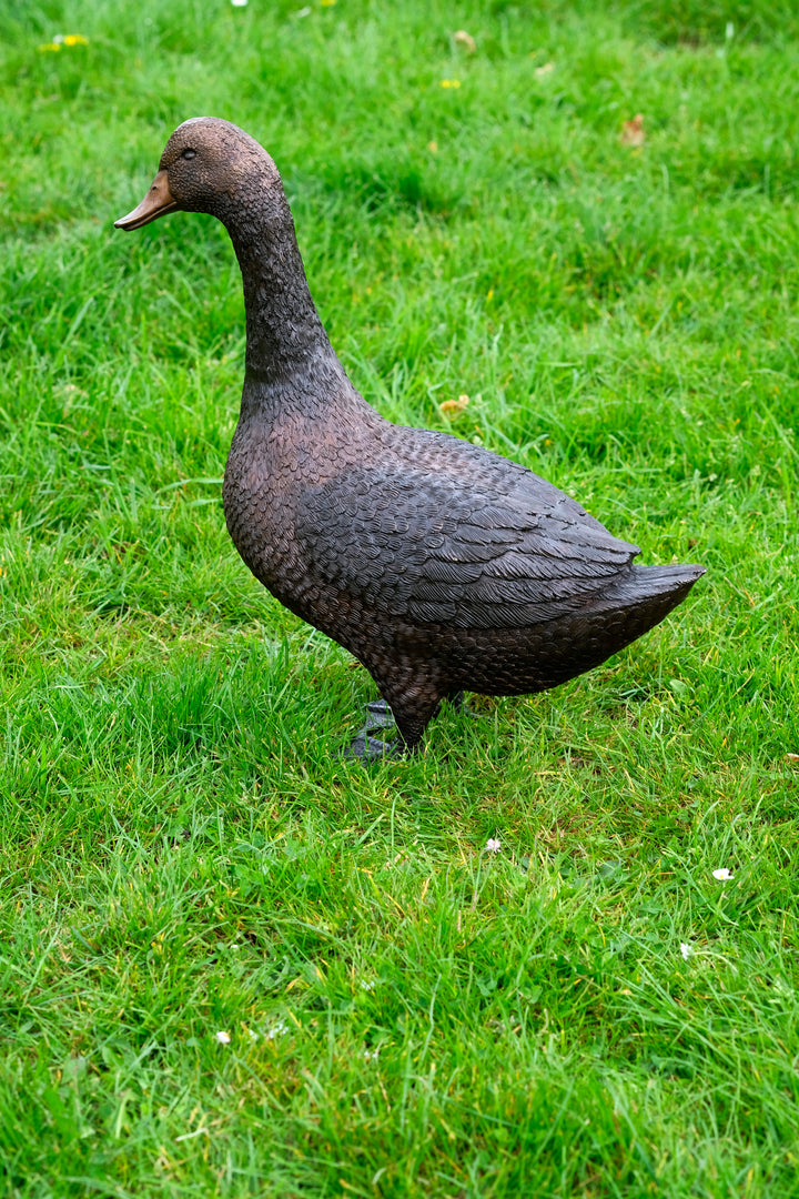 Large bronze sculpture of a standing duck