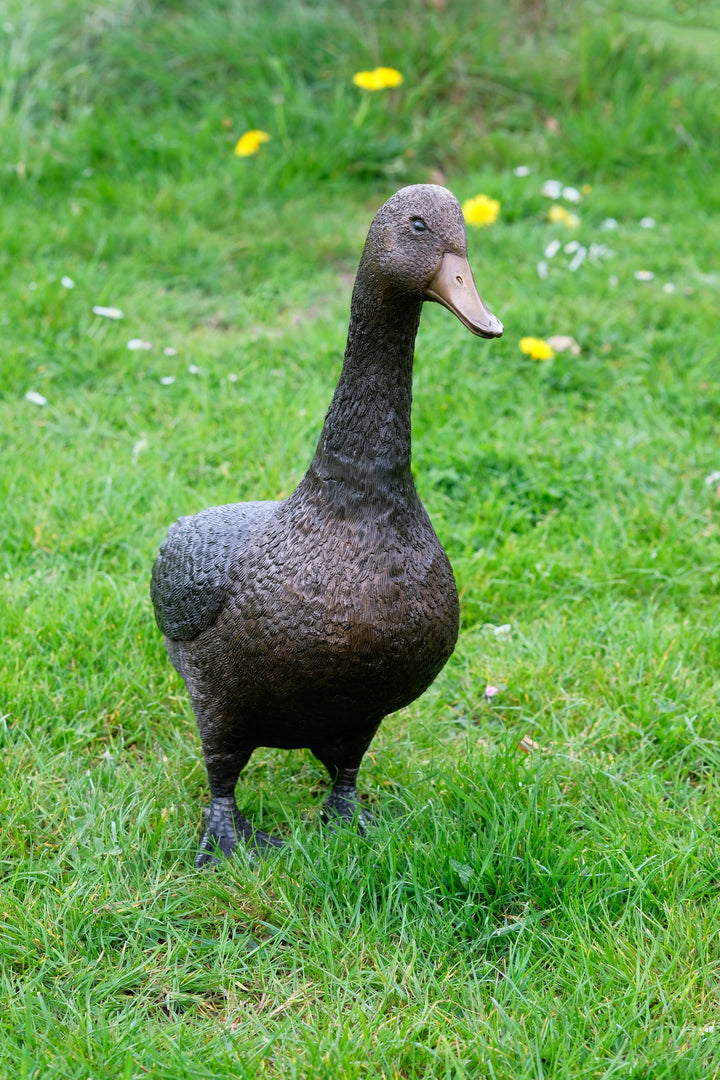 Large bronze sculpture of a standing duck