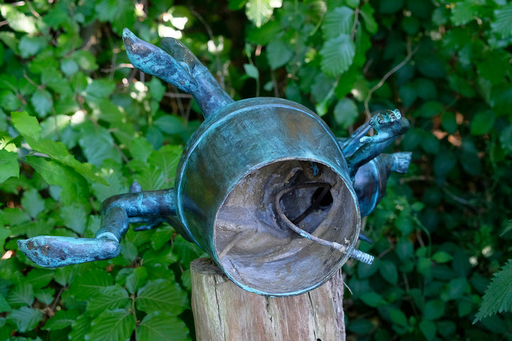Bronzen sculptuur van een elfje met een kikker zittend in een emmer