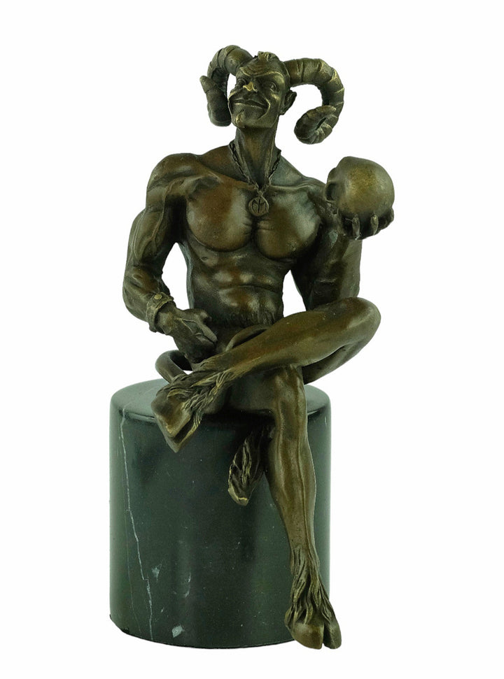 Bronze sculpture of a sitting satyr holding a skull
